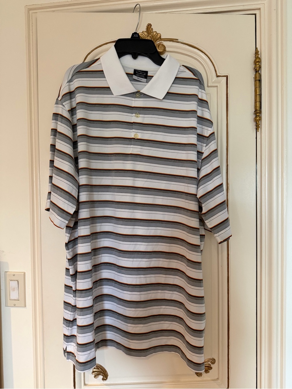 Nike White Collar Striped Polo with Gray and Orange Accents
